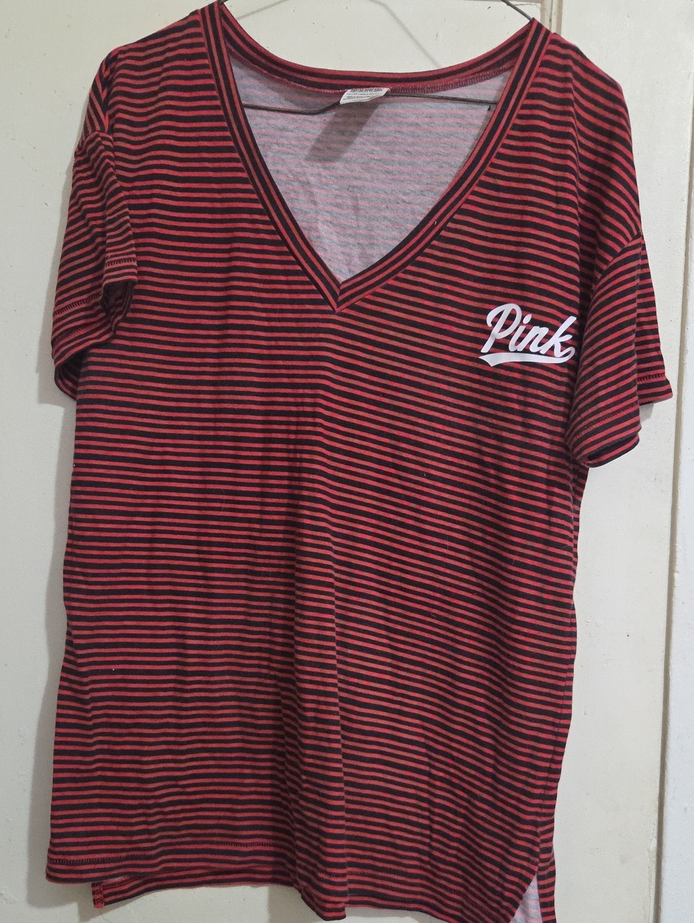 PINK Victoria's Secret Red and Black Striped V-Neck Tee with Script Logo
